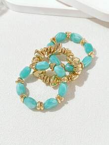 LADYCOCO 3pcs Vintage Thick Chunky Acrylic Beaded Multilayer Bracelet, Transformable Gold Chip Bracelet, Suitable For Women, Couples, Party, Daily Wear - Multicolor 14 - View 3