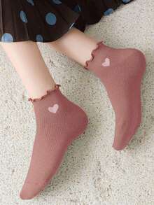 6 Pairs Solid Color Heart Cute Sweet Japanese Style Ruffle Hem Minimalist Fashion Women Short Socks - Multicolor - View 9