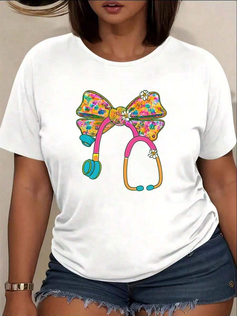 1 Piece Of Women's T-Shirt With Stethoscope And Doctor Print - Casual Short-Sleeved Crew Neck T-Shirt Suitable For Nurses, Assistants, And Practitioners - Comfortable Casual Wear And For Healthcare Events - 180g 100% Cotton - 白色 - 查看 1
