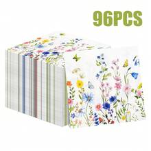 96/48/24pcs 13 * 13 Inch Watercolor Style Colorful Wildflower Printed Disposable Napkins, With White As The Base, Paired With Watercolor Hand-Painted Style Colorful Wildflowers, Branches And Leaves, And Butterfly Patterns, Suitable For Daily Dining Tables, Afternoon Tea, Picnics, Garden Parties, Spring Themed Gatherings, Family Birthday Parties, Wedding Banquets, And Restaurant Decoration - View 2
