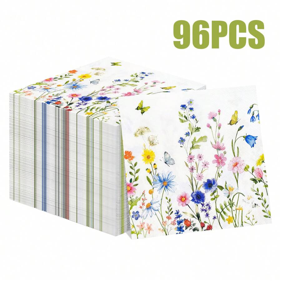 96/48/24pcs 13 * 13 Inch Watercolor Style Colorful Wildflower Printed Disposable Napkins, With White As The Base, Paired With Watercolor Hand-Painted Style Colorful Wildflowers, Branches And Leaves, And Butterfly Patterns, Suitable For Daily Dining Tables, Afternoon Tea, Picnics, Garden Parties, Spring Themed Gatherings, Family Birthday Parties, Wedding Banquets, And Restaurant Decoration