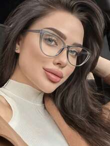 1 Pair Women's Gray Cat Eye TR Frame Fashion Solid Color Minimalist Versatile Clear Lens Glasses - Clear - View 1