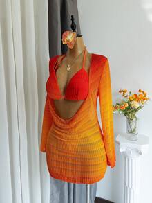 Bộ đồ bơi nữ mùa hè thoải mái đi biển, chất liệu vải ombre, tay dài, gồm áo bikini buộc dây sau lưng không thể tháo rời và quần bikini buộc dây bên hông. - Nhiều màu - Xem 3