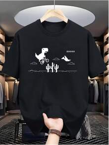 Camiseta de verano de manga corta con cuello redondo y diseño estampado de dinosaurios montando cactus en una noche del desierto, 2026, adecuada para entusiastas de videojuegos, de fibra de algodón puro transpirable, lavable a máquina, estilo urbano. - Negro - Ver 7