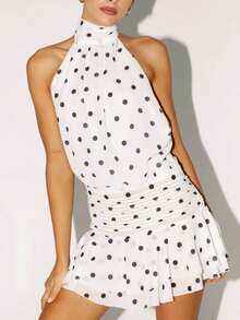 Women's Pleated Waist Sheer Mesh Ruffle Mini Dress Summer Casual Halter Neck High Neck Bodycon Short Dress Self-Tie Backless Sundress Party Clubwear - F9897-White Black Dots - 查看 2