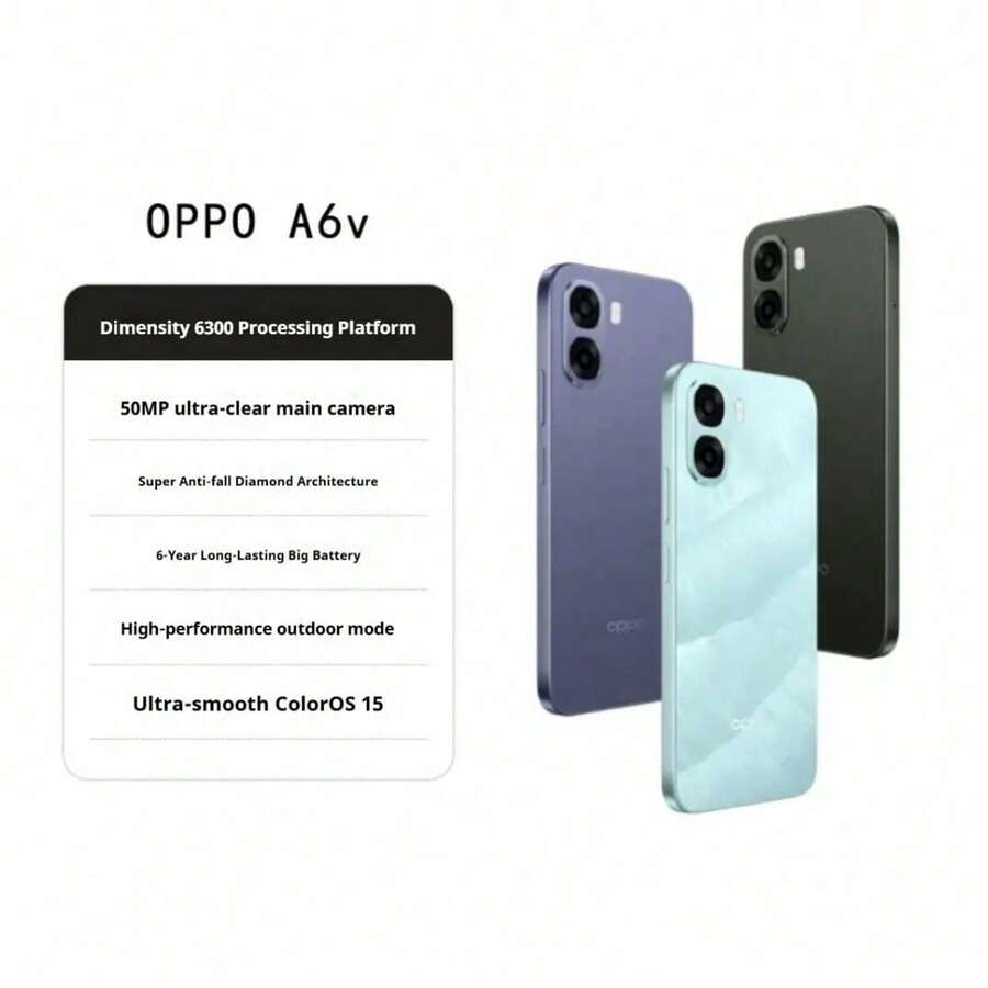 OPPO A6v 5G 智能手机，6.75 英寸 120Hz LCD 屏幕，6500mAh 电池，45W 快充，5000 万像素摄像头，双卡双待 - 多色 - 查看 1