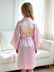 Tween Girl Pink "Birthday Squad" Printed Loose Waist Tie Robe - Multicolor - View 9