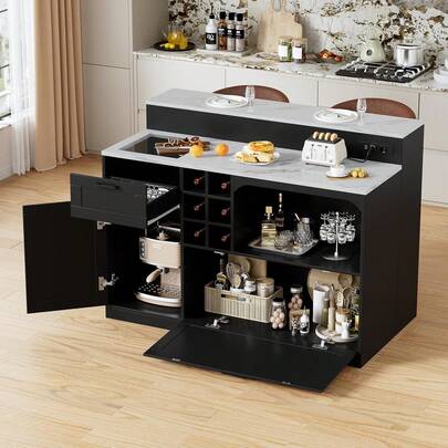 AYYDS 2-In-1 Kitchen Island, Marble Look, With EU Socket & Storage Space – Freestanding Buffet/Breakfast Table For Kitchen/Dining Room