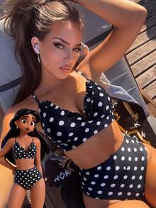 2pcs/Set Women's New Polka Dot Print Elegant Ruffle Trim Beach Bikini Set, Summer Vacation Black - Black - View 1
