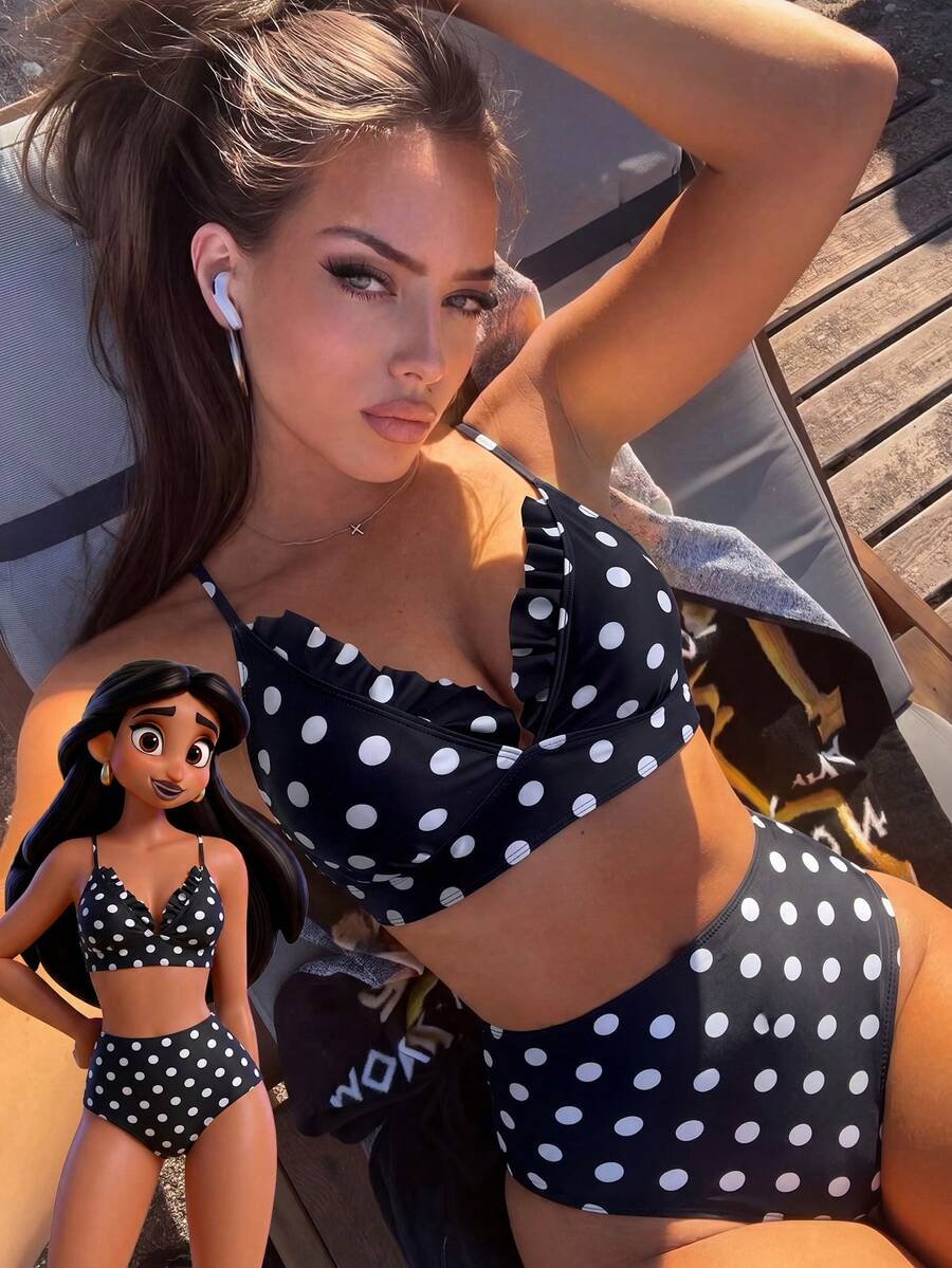 2pcs/Set Women's New Polka Dot Print Elegant Ruffle Trim Beach Bikini Set, Summer Vacation Black - Black - View 1
