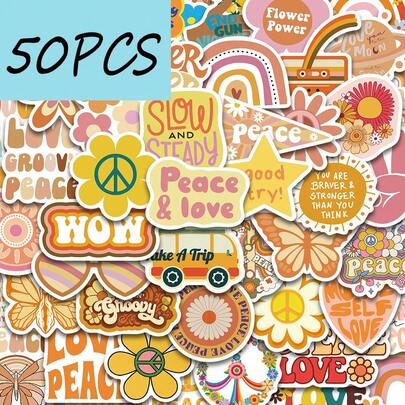 SCXXBSW 50 st. Groovy Boho Hippie-klistermärken, lämpliga för att dekorera kuvert, presentförpackningar, telefoner, resväskor, vattentäta klistermärken