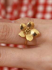 1pc Stainless Steel Flower Ring, Niche Design Elegant Finger Jewelry, Suitable For Daily Wear, Party, Gift - Gold - View 3