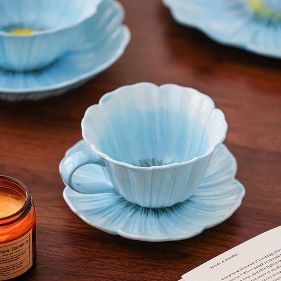 10oz Hand-Painted Petal-Shaped Ceramic Cup And Saucer Set For Cappuccino - Includes Saucer And Cup - Suitable For Specialty Coffee Drinks, Cappuccino, Latte, Americano, And Tea - Two-Piece Set, Microwave And Dishwasher . Blue - Màu xanh nhạt - Xem 1