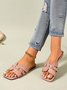 Ximi Ruo New Spring/Summer Fashion Casual Strap Slide Sandals, Comfortable Flat Heel Round Toe Beach Slippers, Versatile Slip-On Sandals For Women - Pink - View 3