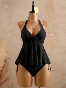 2026 Bellisia Vestido elegante de mujer con estampado de lunares, tela texturizada, camisola relajada para vacaciones, bikini amarillo tipo tankini para playa.Conjunto de playa de mujer para verano 2026, temporada de graduación, boda, regreso a clases, Pascua.Camisola de verano casual y linda, con textura de punto, detalles de volantes, en estilo dulce, romántico y campestre. - Negro - Ver 6