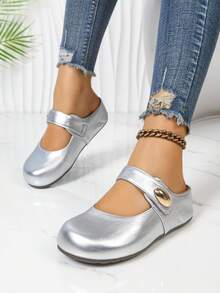 Giày lười da kiểu dáng retro mới, đế dày, mũi tròn, khóa cài, kiểu dáng suông, đế mềm mại, thoải mái cho kỳ nghỉ, đi làm. - Bạc - Xem 2