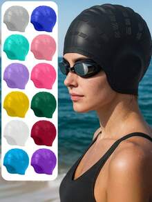 2D/3D Unisex High Elastic Silicone Waterproof Anti-Slip Ear Protection Swimming Cap With Ear Plugs & Nose Clip, Minimalist Sports Style Beach Essential (Random Delivery) - Multicolor - View 3