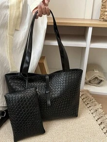 2026 New Arrival European And American Woven Pattern Large Capacity Tote Bag, Women's Commuter Versatile Shoulder Handbag, Fashion Minimalist Top Handle Bag - Black - View 7