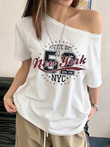 Áo thun nữ phong cách Grunge New York 1989, tay ngắn, trễ vai, dáng suông, chất liệu polyester co giãn cao, kiểu dáng thường ngày. - trắng - Xem 3