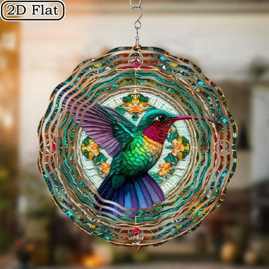 1個蜂鳥與蝴蝶風力旋轉器 - 10英吋金屬動力花園裝飾，360度旋轉3D彩色風效，鐵製吊飾，適用於庭院、室內與室外 - 送給男士與女士的理想禮物