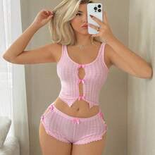 Lace Patchwork Bow Decor Cutout Chest Backless Crop Top And Super Low Waist High Slit Mini Shorts 2 Pieces Set Pink 2 Pieces Set - Amarillo - Ver 6