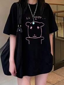 女款圓領短袖T恤，夏季新款卡通小狗印花，時尚休閒百搭寬鬆上衣 - 高級黑 - 查看 2