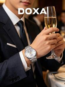 DOXA 瑞士制造奢华男士腕表，经典全银色不锈钢表带，优雅蓝宝石水晶表镜，商务正装腕表，现代简约风格，专业办公着装配饰，高端品牌礼品，附原装表盒 D155SST - 米色 - 查看 3
