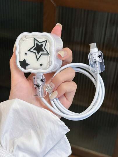 3pcs/Set Data Cable Charger Protective Case, Black Pentagram Pattern, Suitable For 20W UK Standard Apple Fast Charger