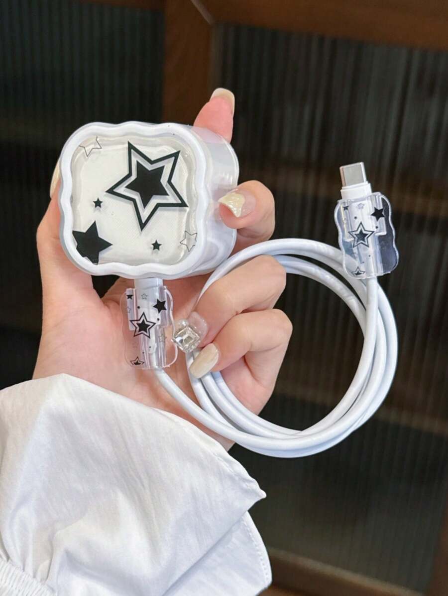3件套数据线充电器保护套，黑色五角星图案，适用于20W英标苹果快充 - 彩色 - 查看 1