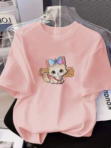 Japanese Style Women's Loose Casual Round Neck Versatile Bow Tie Cartoon Cat Print Short Sleeve T-Shirt, Spring/Summer Pink - Pink - View 1