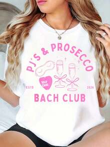 100% Cotton Pyjamas And Prosecco 2026 Bachelorette Party T-Shirt Women Graphic T-Shirt Cotton Print Short Sleeve Casual Top, Summer Tee Womens Tops - 白色 - 查看 6