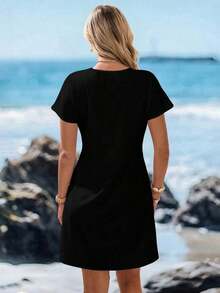 Vestido corto casual para mujer, color blanco con estampado marino de estrellas de mar, caballitos de mar y conchas, cuello en V y mangas cortas, diseño fresco y holgado, ideal para primavera-verano, playa, vacaciones y salidas informales - Multicolor 21 - Ver 2