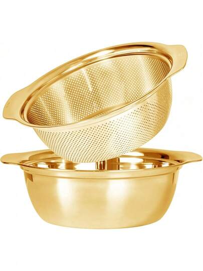 1pc Thick Stainless Steel Funnel And Bowl Set With Lid And Micro-Perforated Strainer, Multipurpose Kitchen Colander For Washing Vegetables/Fruits/Rice, Draining Pasta, Leak-Proof And Odor-Proof, Suitable For Home Cooking