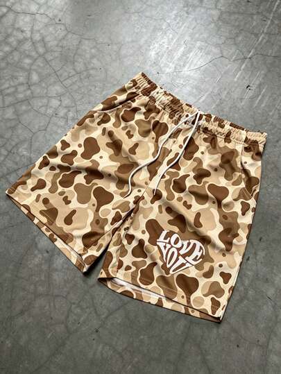  Pantalones cortos deportivos de verano casuales para hombres FRACTYR, con estampado de camuflaje y corazón, de corte holgado, diseño reversible, estilo urbano estadounidense, transpirables y cómodos para el uso en verano
