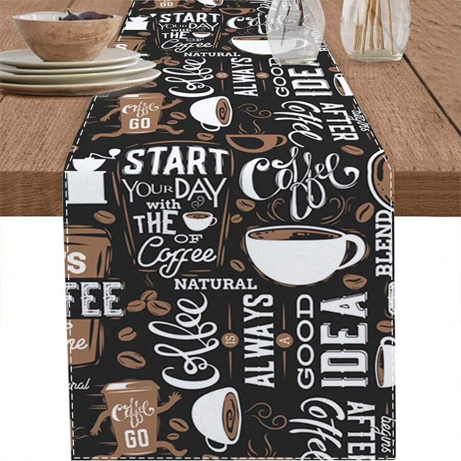 Coffee Themed Table Runner, Coffee Bean & Cup Design, Brown Background, Kitchen & Dining