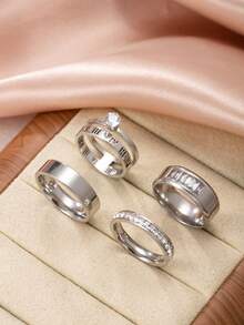 Set de 4 anillos de mujer elegantes y de moda con elementos de zirconia con letras romanas cortadas, de acero inoxidable con diamante de imitación, adecuados para uso diario, festivales, citas, compromisos, bodas y regalos - Plata 1 - Ver 10