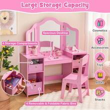 COSTWAY Kids Vanity Table & Chair Set, 2-In-1 Princess Pretend Play Makeup Vanity Set W/ 3 Removable Mirrors, 4 Storage Bins For Girls, Makeup Dressing Table & Chair Set With Mirror, Pink - Pink - View 11