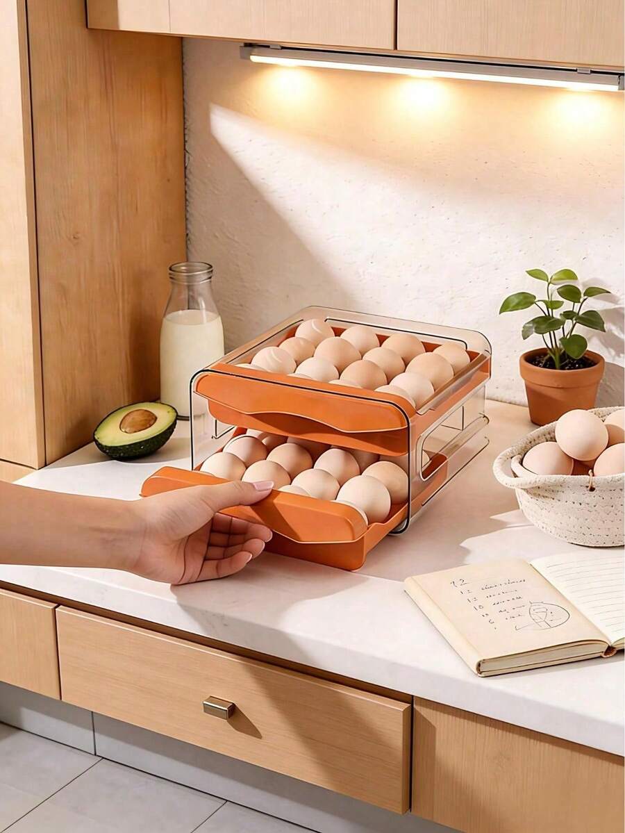 Caja de almacenamiento de huevos refrigerada de 32 rejillas de doble capa transparente, bandeja de huevos apilable para uso doméstico - Multicolor - Ver 1