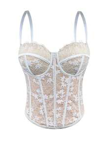 Corsé de encaje negro con adorno floral, prenda moldeadora casual de verano para mujer - Base blanca de albaricoque - Ver 8