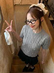 Lightweight Solid Color Round Neck Cable Knit Cropped Top, Summer - Grey - View 5