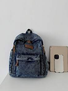 Ba lô nữ có khóa kéo, chi tiết chữ cái, chất liệu denim xanh nhạt, kiểu dáng thời trang, màu trơn, phù hợp cho du lịch, đi làm, sử dụng hàng ngày, dung tích lớn, đựng laptop, kiểu dáng preppy, đa năng, thích hợp cho học sinh, sinh viên đại học và học sinh trung học. Thích hợp cho mua sắm, đựng ví, đi chợ, phụ nữ trẻ, sinh viên đại học, người mới đến, nhân viên văn phòng. Rất phù hợp cho văn phòng, trường đại học, công việc, kinh doanh, đi lại, hoạt động ngoài trời, du lịch và dã ngoại. - Màu xanh ngọc - Xem 7