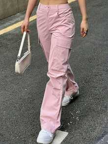 Pantalones cargo de unicolor casual y sencillo para primavera - Rosa - Ver 3
