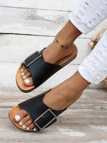Women's Casual Fashion Flat Sandals For Summer, With Arch Support And Adjustable Buckle, Wear-Resistant Non-Slip, Round Toe Single-Strap Slides - Black - View 5