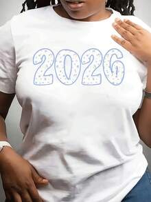 2026 Año Nuevo Mujeres cuello redondo de moda casual camiseta corta Sved Top se puede usar para Dailpor, regalando día atmósfera Prin a amigos y familia - Blanco - Ver 2