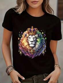 Women's White Semi-Sheer Lion Crown Geometric Print T-Shirt - Short Sleeve Slim Fit Top With Lion Crown Design, Casual Blouse For All-Season Wear, Machine Washable Semi- Shirt - 黑色 - 查看 1