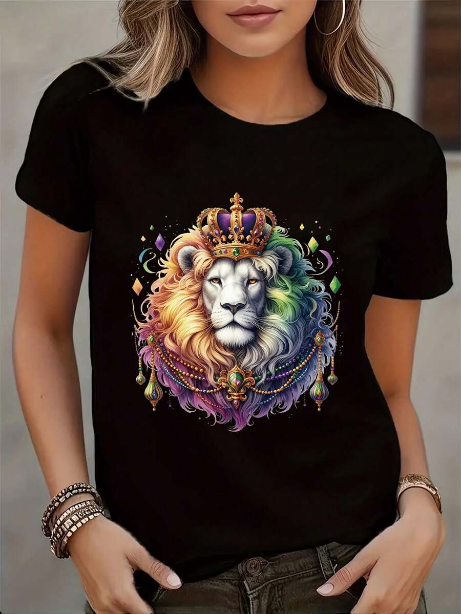 Women's White Semi-Sheer Lion Crown Geometric Print T-Shirt - Short Sleeve Slim Fit Top With Lion Crown Design, Casual Blouse For All-Season Wear, Machine Washable Semi- Shirt - 黑色 - 查看 1