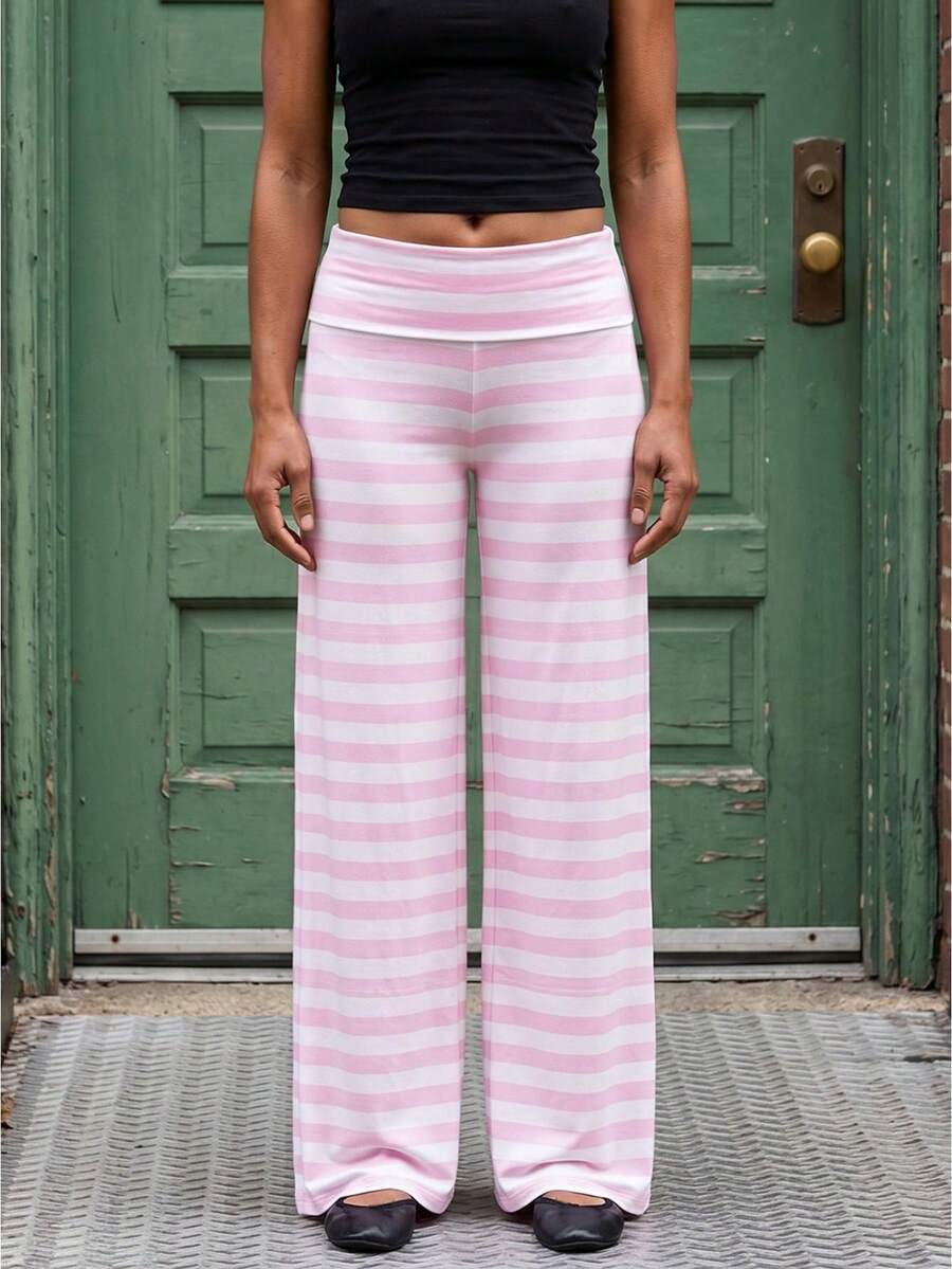 Women Striped Pants, Elastic Waist Casual Pants Trousers Streetwear for Daily Date - Rosa - Ver 1