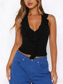 Women's Ruffle Trim Halter Top Sleeveless Deep V-Neck Ruched Bodycon Cropped Tank Top Backless Tie Neck Blouse - Black - View 3