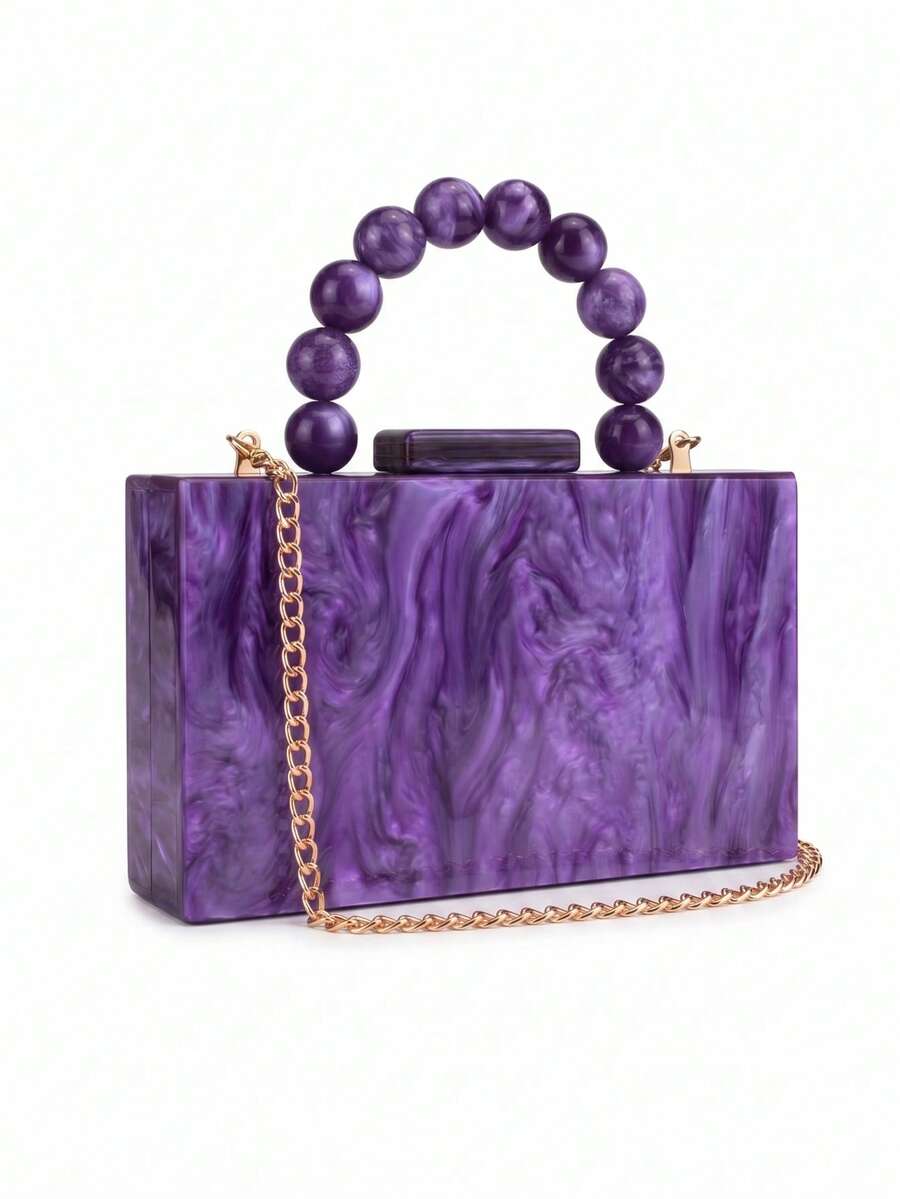 Milky Way Purple Marble Acrylic Box Clutch Bag With Beaded Handle & Gold Chain, Perfect For Wedding/Party - 紫色 - 查看 1