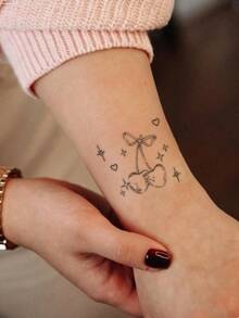 1pc Sticker, Cute Style Cat Cherry Bottle English Collection, Temporary Tattoo Sticker, For Arms, Abdomen Non-Reflective, Realistic Tattoo, Suitable For People, Daily Use, Lasts3-5Days - Black - View 5